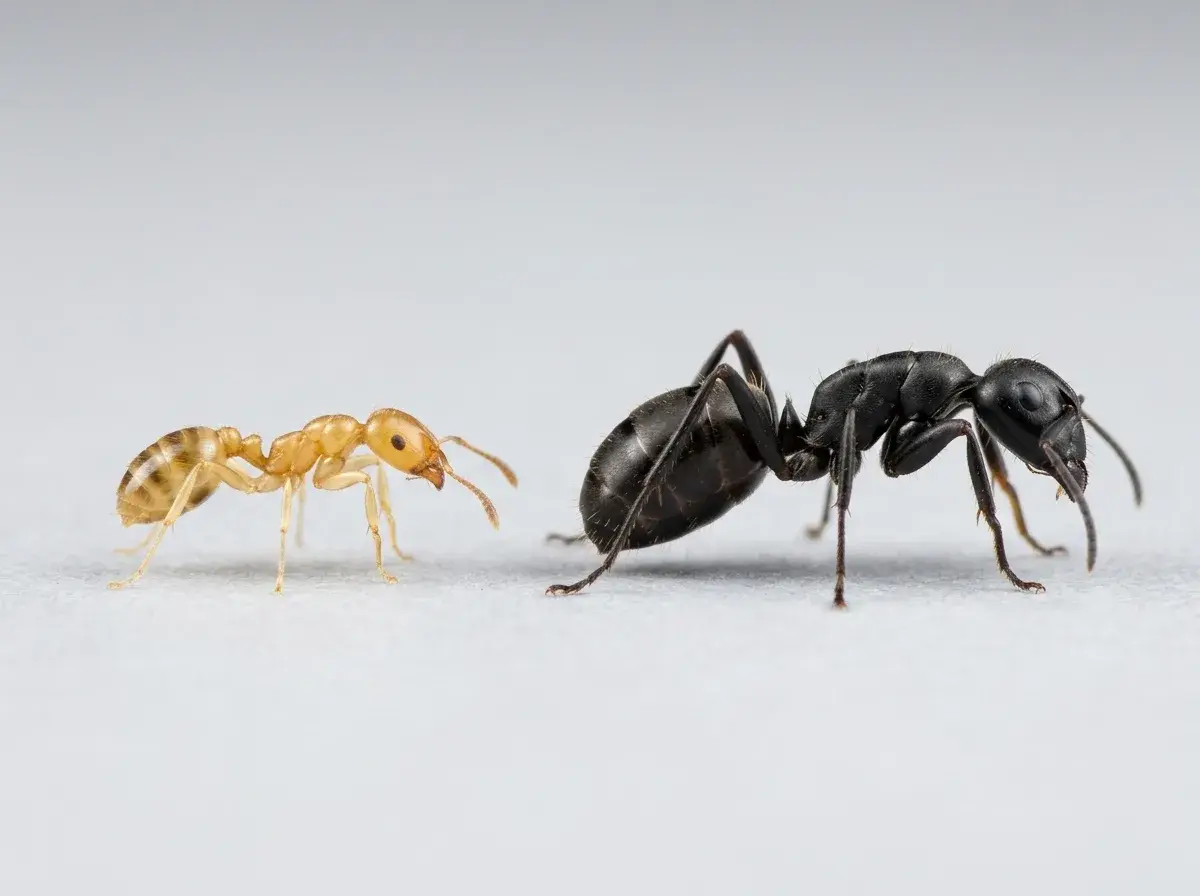 Pharaoh ant and black garden ant side by side, at the same scale