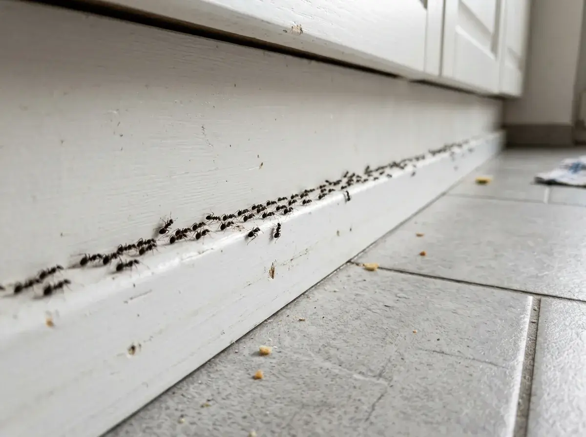 A worn trail along a wall or skirting board