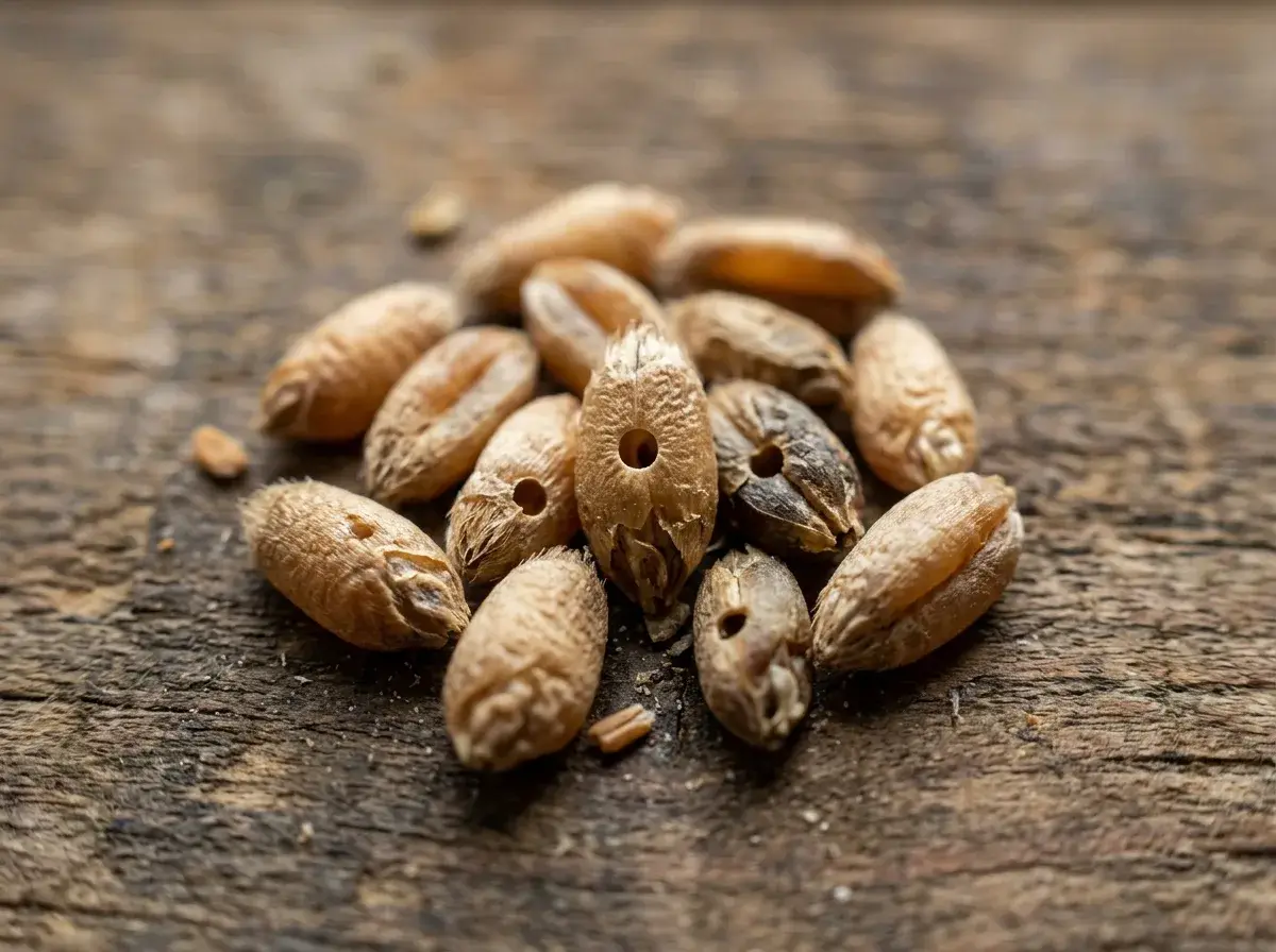 A tiny, round emergence hole in the grain kernel