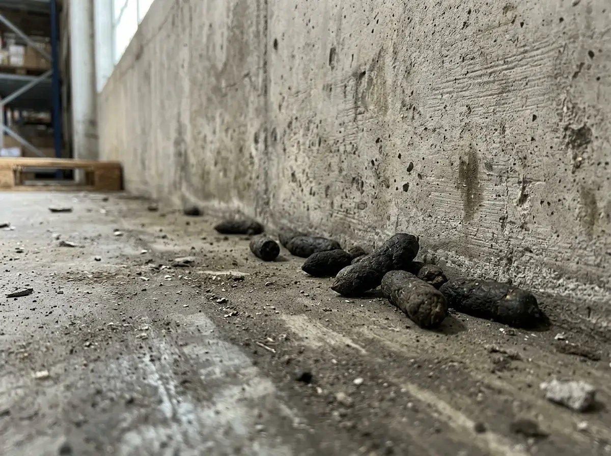 Larger, blunt-ended droppings along a wall