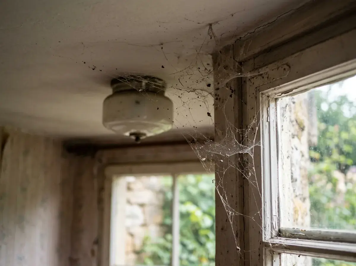Webs in corners, window frames and around light fittings
