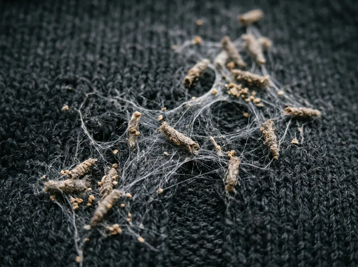Whitish, silky webbing or a small case on the textile