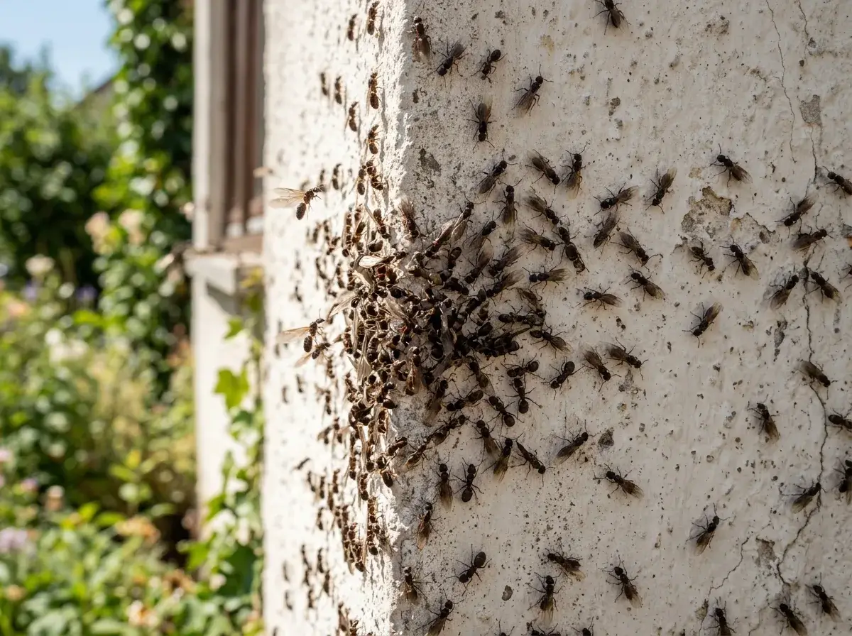 Winged individuals swarming, typically in summer