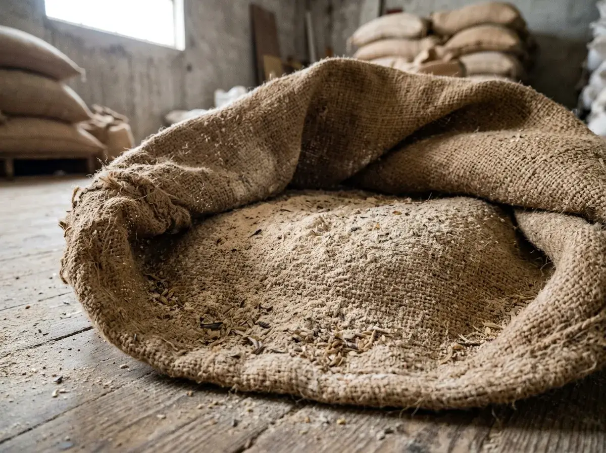 Floury dust at the bottom of a sack or storage bin