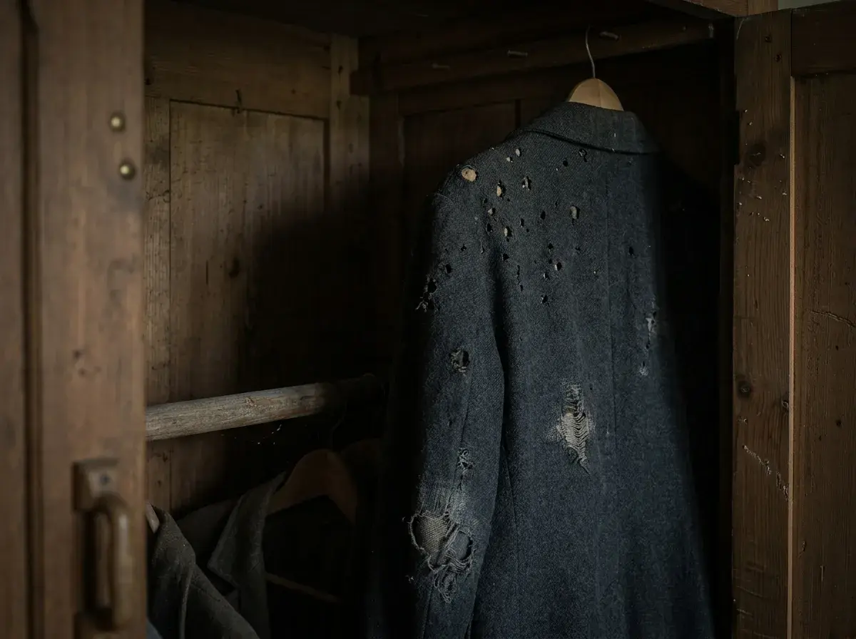 Damage appearing in a rarely disturbed, dark part of the wardrobe